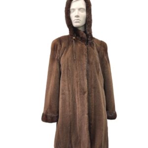 Half-buff shaved mink coat with detachable hood - 991040