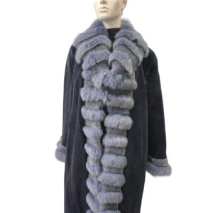 Blue dyed shaved mink coat with fox trim - 992640