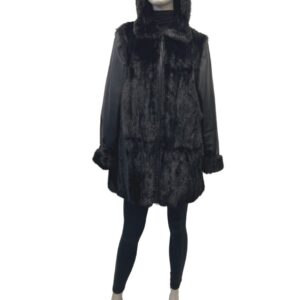 manteau de vison avec des manches de cuir et capuchon détachable 8426