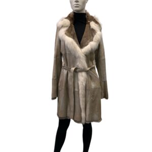 beige leather and rabbit coat with belt 8463