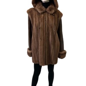 manteau 3/4 de vison pastel avec manches et capuchon en cuir 8486