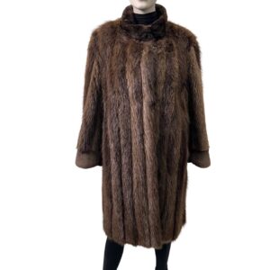 3/4 length pastel mink coat with leather sleeves and hood 8486