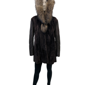 brown and leather shaved beaver coat with Finnish cat collar 8566