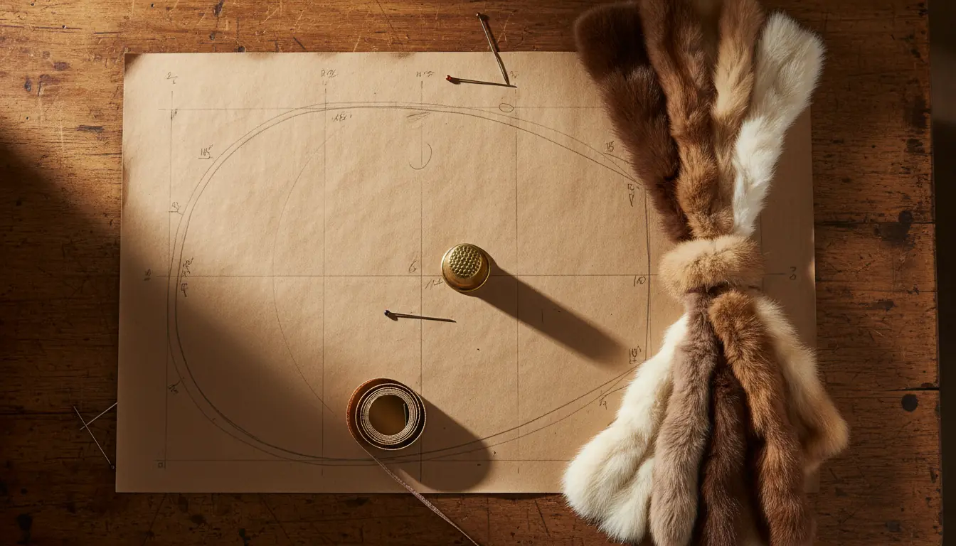 Patron sur papier kraft, bandes de fourrure et outils de couture sur un établi en bois